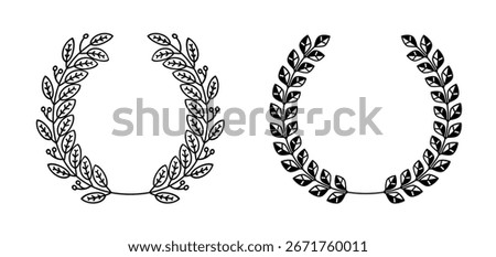 Set of black and white silhouette circular laurel foliate and oak wreaths depicting an award