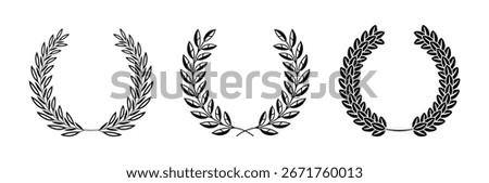 Set of black and white silhouette circular laurel foliate and oak wreaths depicting an award