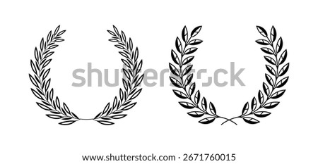 Set of black and white silhouette circular laurel foliate and oak wreaths depicting an award