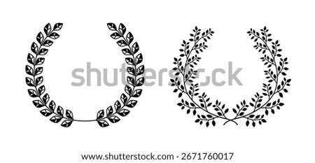 Set of black and white silhouette circular laurel foliate and oak wreaths depicting an award