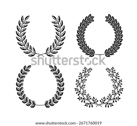 Set of black and white silhouette circular laurel foliate and oak wreaths depicting an award