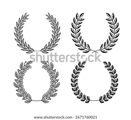 Set of black and white silhouette circular laurel foliate and oak wreaths depicting an award