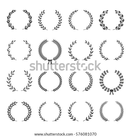 Set of black and white silhouette circular laurel foliate and oak wreaths depicting an award, achievement, heraldry, nobility. Vector illustration.