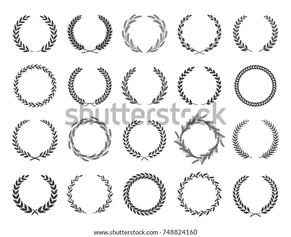 Set of black and white silhouette circular\
laurel foliate and oak wreaths depicting an award, achievement,\
heraldry, nobility. Vector\
illustration.