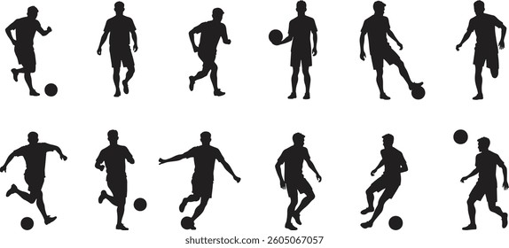 Set of black and white silhouette design dynamic soccer player icon vector illustration with white background