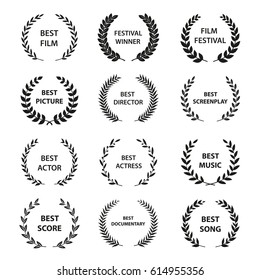 Set of black and white silhouette film award wreaths. Vector illustration.