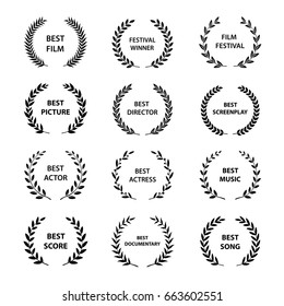 Set Of Black And White Silhouette Film Award Wreaths. Vector Illustration.