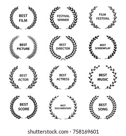 Set Of Black And White Silhouette Film Award Wreaths. Vector Illustration.