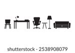 A set black and white silhouette Furniture collection isolated on a white background.