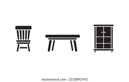 A set black and white silhouette Furniture collection isolated on a white background.