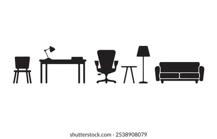 Un conjunto de silueta en blanco y negro colección de muebles aislados sobre un fondo blanco.