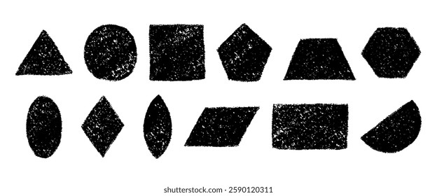 Set of black and white silhouette of geometric figures with crayon or charcoal texture. Hand drawn pencil textured shapes. Vector graphic elements isolated on a white background.