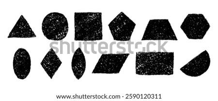 Set of black and white silhouette of geometric figures with crayon or charcoal texture. Hand drawn pencil textured shapes. Vector graphic elements isolated on a white background.
