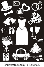 Set of black and white silhouette icons for wedding cards and invitations