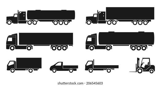 set of black and white silhouette icons of trucks