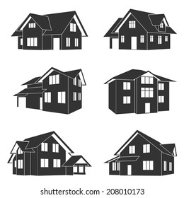 set of black and white silhouette icons of houses