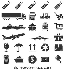 set of black and white silhouette icons o e-commerce, sale, delivery theme