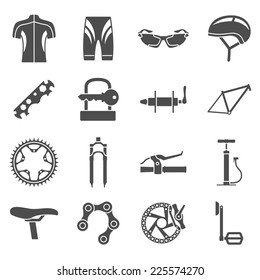 set of black and white silhouette icons of bicycle spare parts