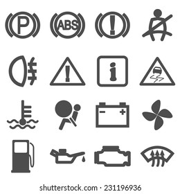 Set of black and white silhouette icons for car dash