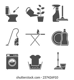 set of black and white silhouette icons on house work theme