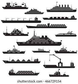 Set of black and white silhouette ship and boats icons showing passenger lines cruise ship LNG carrier container ship tanker in frontal  views