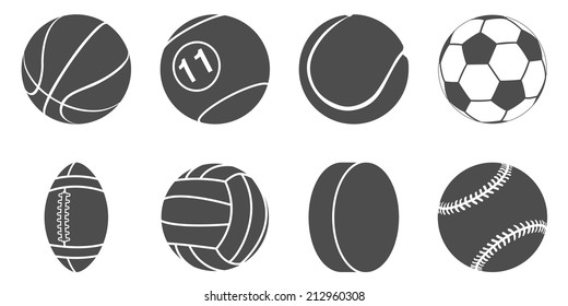set of black and white silhouette sport items icons