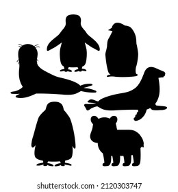 Conjunto de vector de silueta blanca negra pingüino, pollo de pingüino rey, foca de piel, cachorro de oso polar, pequeño sello común. Pequeña caricatura aislada adorable mar y animales de forma oceánica para los niños libro, pegatinas o impresiones