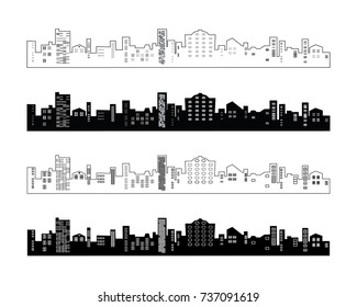 Set of black and white silhouettes of buildings