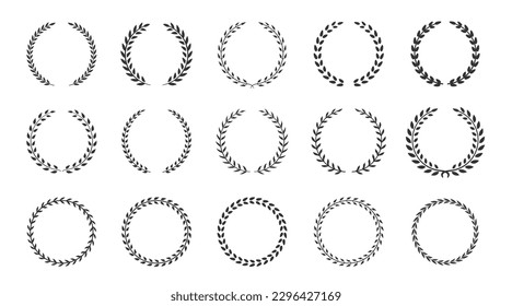 Set of Black and White Silhouettes of Circular Laurel Wreaths Depicting an Award or Achievement