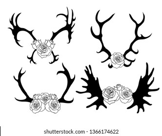 Set of black and white silhouettes of deer and elk horns with flowers. The object is separate from the background. Vector element for scrapbooking, invitations and your design