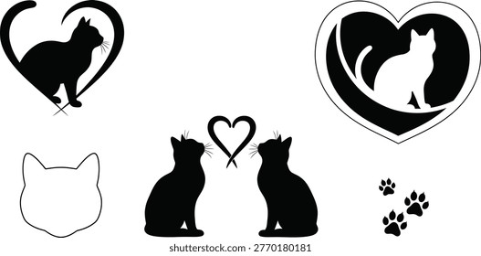A set of black and white silhouettes depicting cats in heart shapes and affectionate poses, showcasing feline grace and companionship.