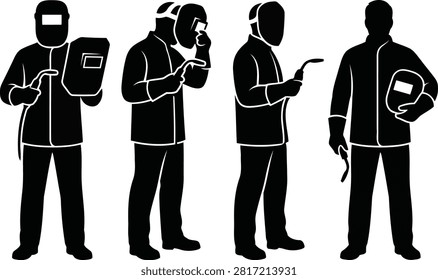 A set of black and white silhouettes depicting professional welders in various poses with welding equipment and protective masks.