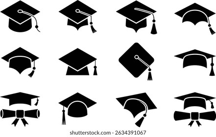 set of black and white silhouettes of different shapes graduation cap , Graduation Cap Academic Hat Icon for Education, Success, and Ceremony Themes	