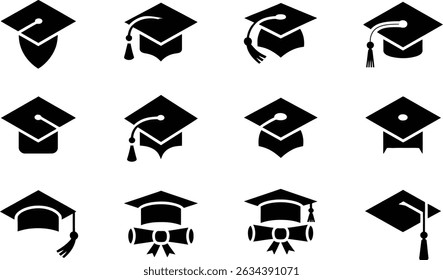 set of black and white silhouettes of different shapes graduation cap , Graduation Cap Academic Hat Icon for Education, Success, and Ceremony Themes	