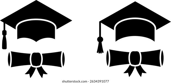 set of black and white silhouettes of different shapes graduation cap , Graduation Cap Academic Hat Icon for Education, Success, and Ceremony Themes	