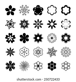 Set of black and white silhouettes of flowers