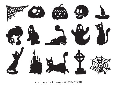 Set of black and white silhouettes of ghosts, cats, halloween things. Stickers, printing on paper, holiday home decor