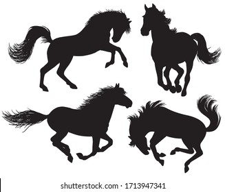 A set of black and white silhouettes of horses running, jumping, bucking and rearing. Vector illustrations. 
