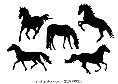 A set of black and white silhouettes of horses running, jumping, bucking and rearing. Vector illustrations. EPS