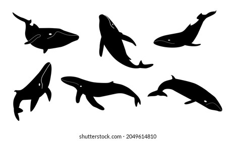 Set of black white silhouettes of humpback whales. Group of marine animal for protection of fauna. Collection of logos underwater mammals with fins and tails for design. Vector isolated illustration