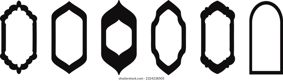Set of black and white silhouettes of Islamic windows.Arab frame set.Ramadan kareem simbol icon.