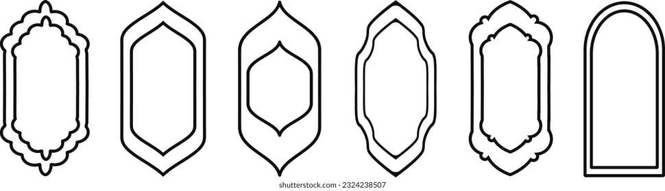 Conjunto de siluetas blancas y negras de las ventanas islámicas.Conjunto de marcos árabes.Icono de símbolo de kareem de Ramadán.