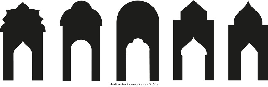 Set of black and white silhouettes of Islamic windows.Arab frame set.Ramadan kareem simbol icon.