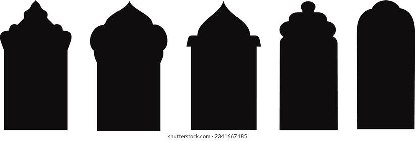 Set of black and white silhouettes of Islamic windows.Arab frame set.Ramadan kareem simbol icon.