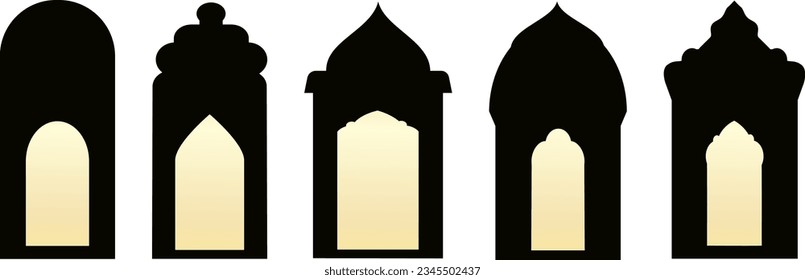 Set of black and white silhouettes of Islamic windows.Arab frame set.Ramadan kareem simbol icon.
