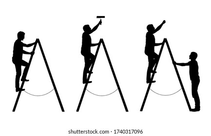 Set of black and white silhouettes of a man craftsman. He paints the wall and holds a ladder - isolated vector on white background
