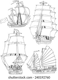 Set with black and white silhouettes of old sailing ship, hand drawing, graphics, isolated on white