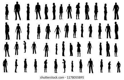 Set with black and white silhouettes of people in different poses. Contours of men and women in different situations. Vector illustration.