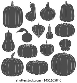 Set of black and white silhouettes with pumpkins of different shapes. Isolated vector objects on white background.