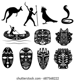 Set of black and white silhouettes of shamanic Australian masks, Aborigines and cannibals, parrots, kangaroos, boats, ancient Australian patterns